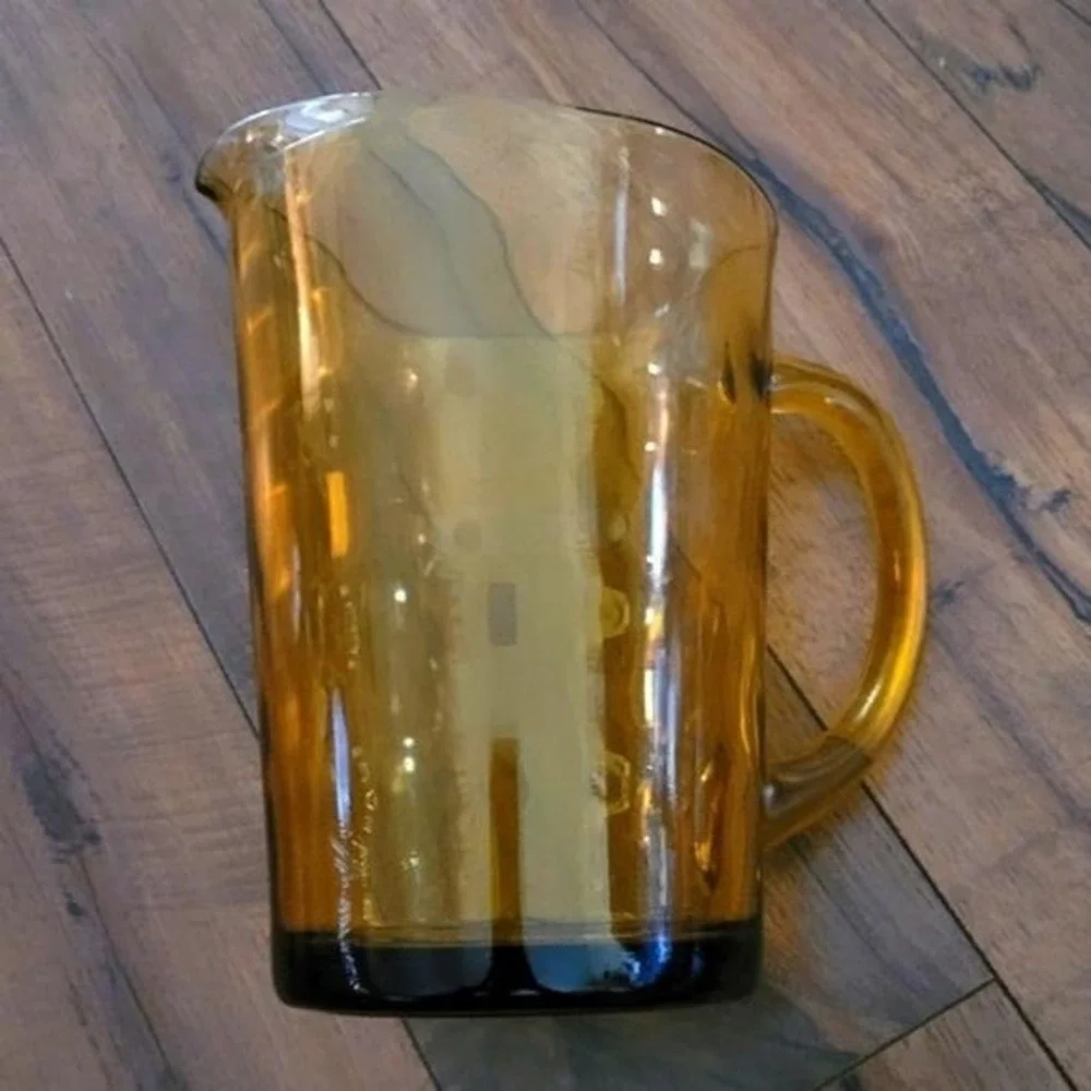 Vintage MCM Hazel Atlas Amber Glass Waterfall‎ Optic Ribbed Pitcher